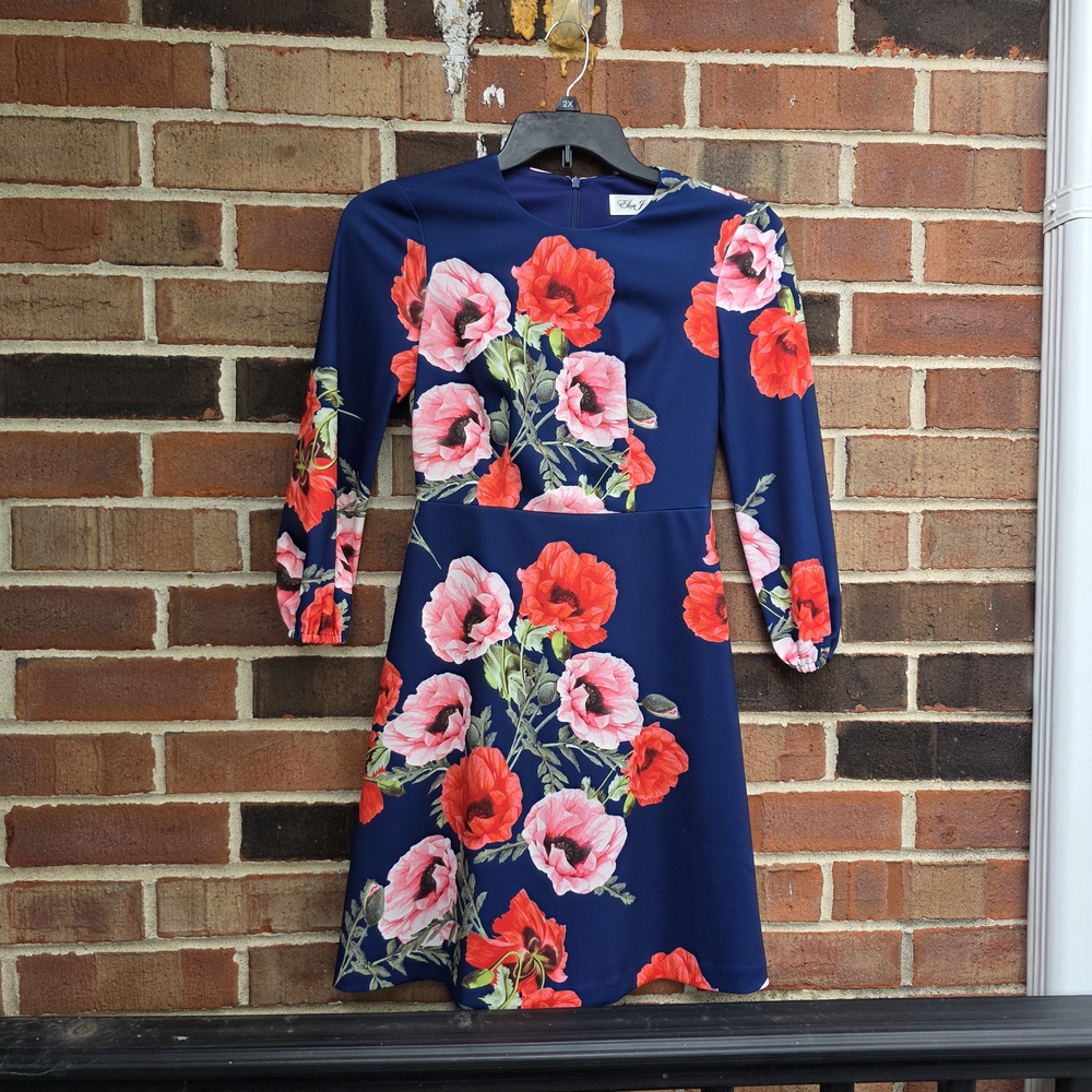 Eliza J Navy Dress with Red and Pink Poppy Print Design